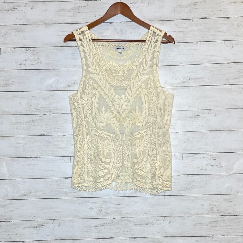 Express Vintage Cream Lace Sleeveless Shirt